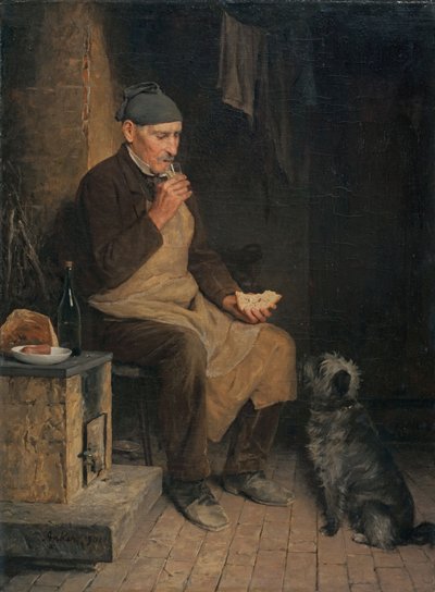 Oude man bij de lunch door Albert Anker